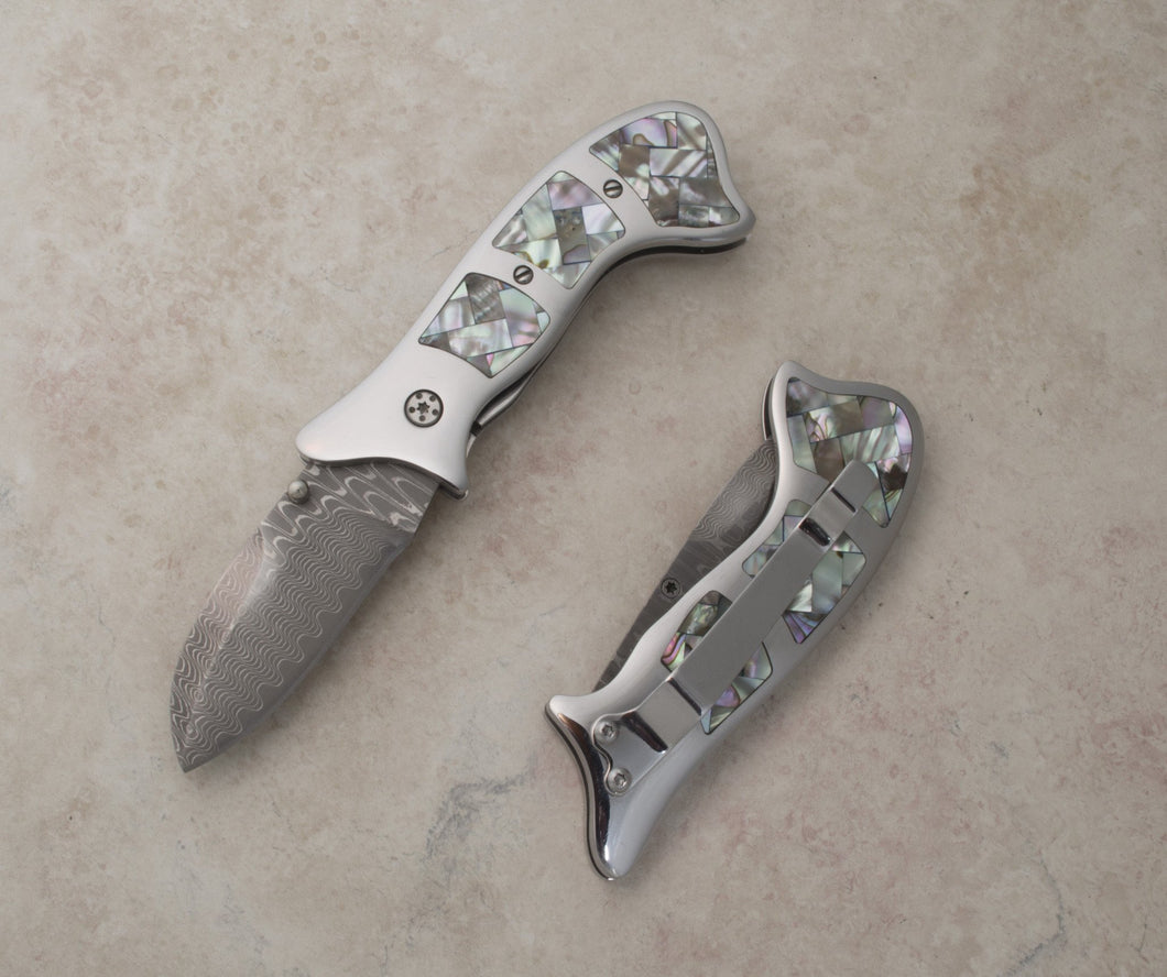 Mosaic natural abalone liner lock folding knife