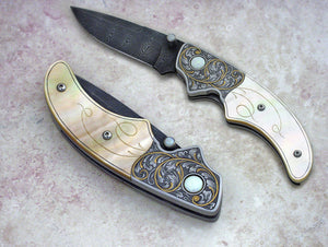 Engraved gold mother of pearl folding knife