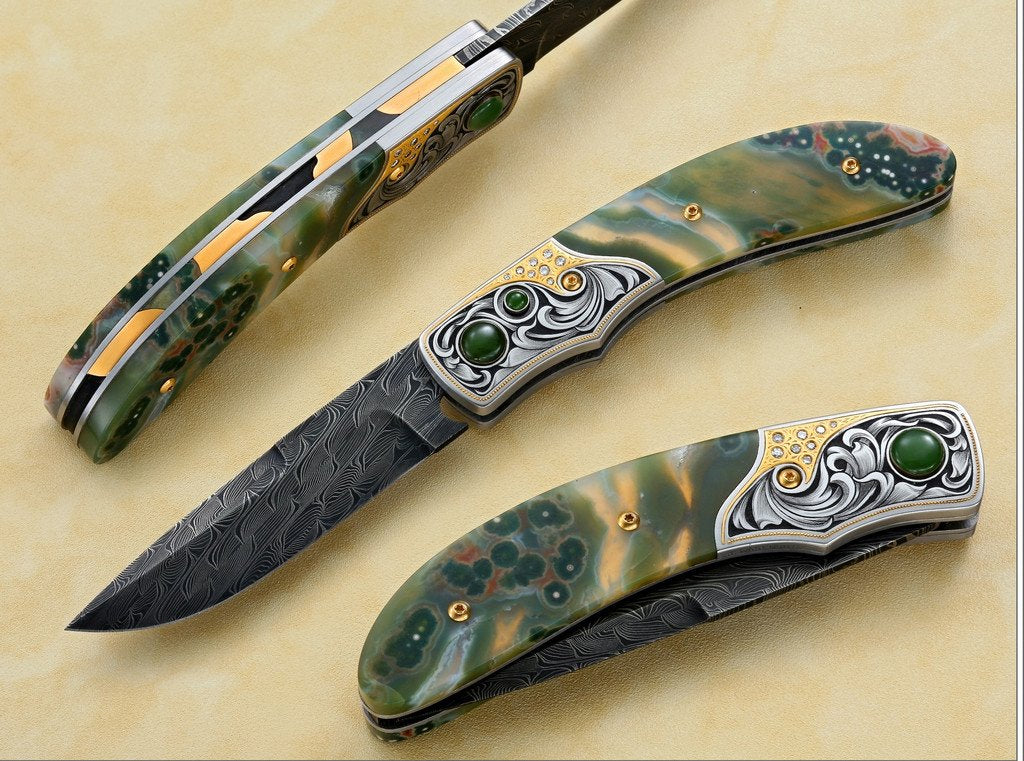 Engraved Jasper folding knife