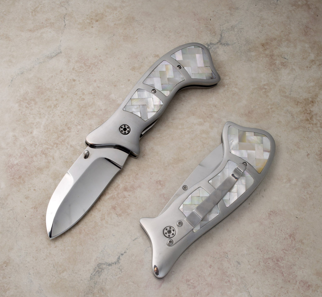 Mosaic mother of pearl liner lock folding knife