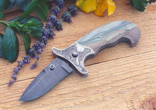 Engraved jasper folding knife8