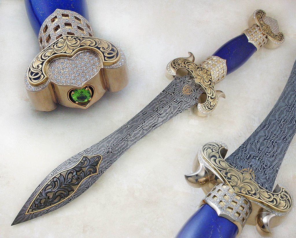 Engraved/encrusted lapis, diamond and gold handled dagger