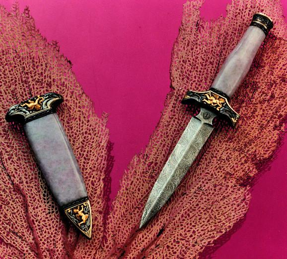 Engraved lavender jade handled boot knife and matching scabbard